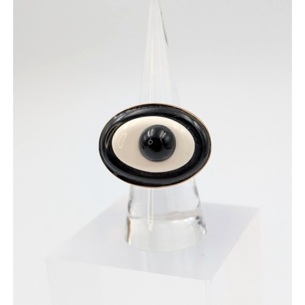 Hutton Wilkinson Large Eye Ring 7 Black White‎ Enamel Cabochon Chunky Maximalist